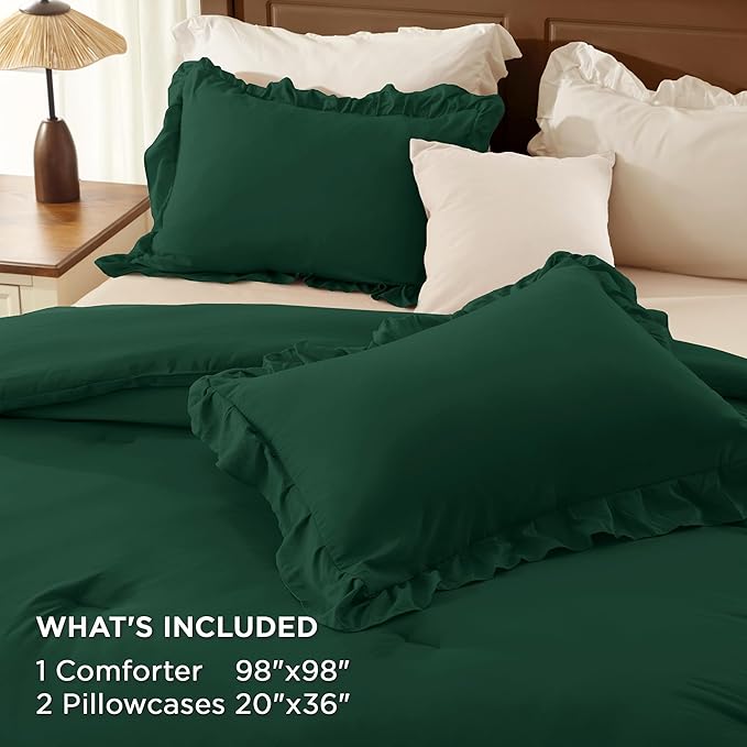 Andency Dark Emerald Green Comforter Set Oversized Queen, Lightweight Fluffy Ruffle Bedding Set 3 Pieces (1 Comforter 2 Pillowcases), Soft Farmhouse Bed Set for All Season