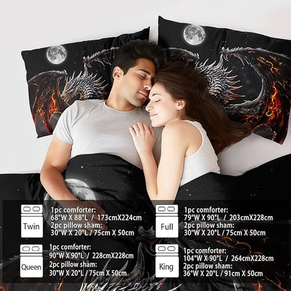 Black Dragon Comforter Set King Adult,Flame Dragon Bedding Set for Boys,Magical Beast Bedding Fantasy Animal Comforter Beedroom Decor,Magical Beast Quilt Bed Decor