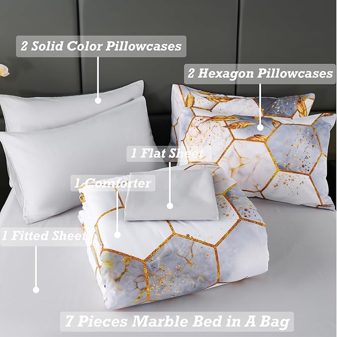 ANGIYUIN 7 Pieces White Gold Comforter Set Queen, Geometric Honeycomb Bedding Sets Hexagon Gold Trim Bed Sets, Ultra Soft Lightweight Bed in A Bag for Women Men (White Queen)