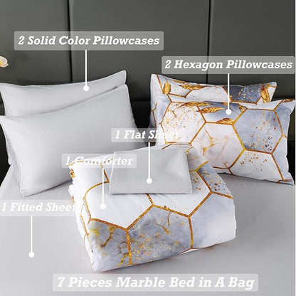 ANGIYUIN 7 Pieces White and Gold Comforter Set King, Geometric Bed Comforter Set Foil Print Bed Set with Sheets, Ultra Soft Lightweight Bed in A Bag for All Season (White King)