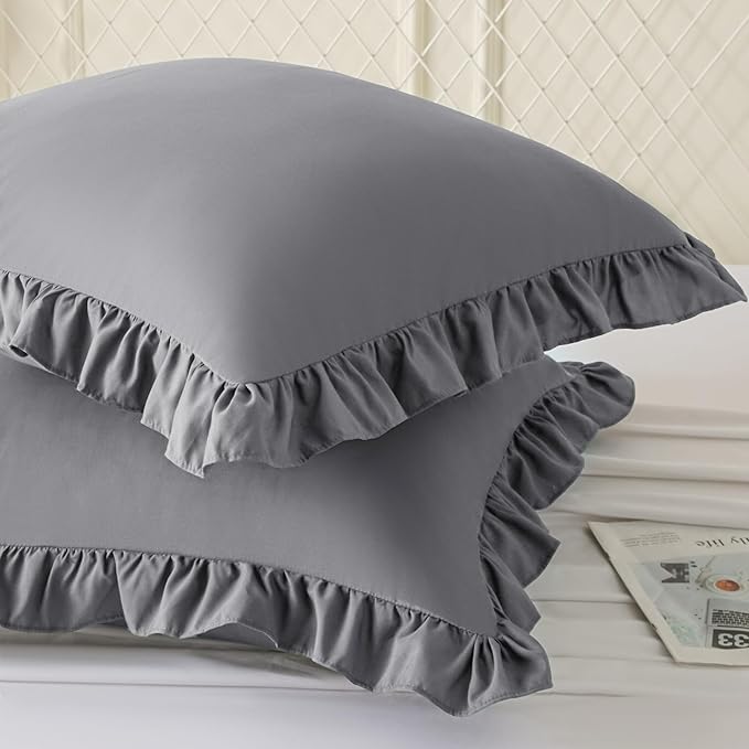 KKJIAF Ruffle Pillow Cases 18x18 Inches, Grey Square Ruffled Pillow Covers Set of 2, Microfiber Wrinkle Resistant Pillow Shams with Envelope Closure for Sofa Bed Living Room