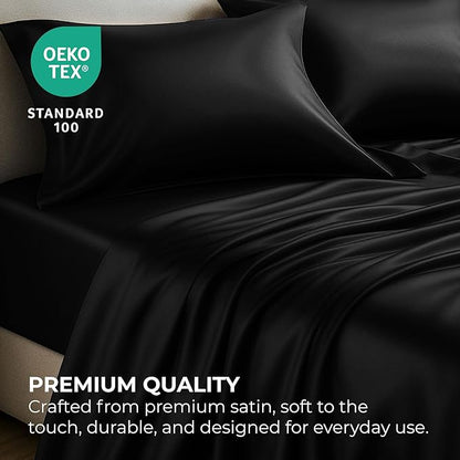 Pure Bedding Satin Sheets Twin [3-Piece, Black] Hotel Luxury Silky Bed Sheets - Extra Soft 1800 Microfiber Sheet Set, Wrinkle, Fade, Deep Pocket Fitted Sheet, Flat Sheet, Pillow Cases