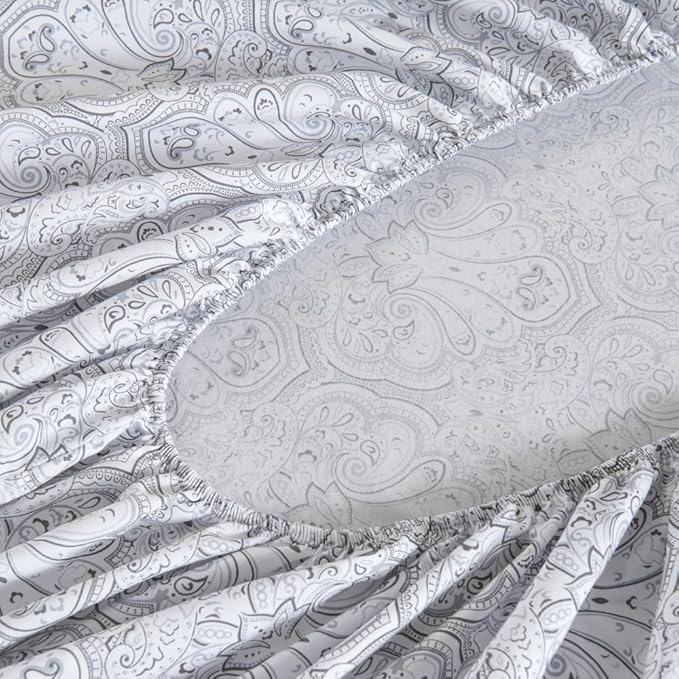 100% Cotton Sheets Set Twin Size Printed Bedding Sets, Up to 14" Deep Mattress, Farmhouse Pattern Bedlinen Set, Gray Damask