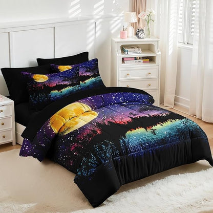 Nesker Comforter Set Full Size, Starry Woodland Fantasy 7 Pcs Bedding for Kids and Adults, Purple Lake Moonlight Bed Sheet Sets with Fitted Sheet 2 Pillowcases & 2 Shams
