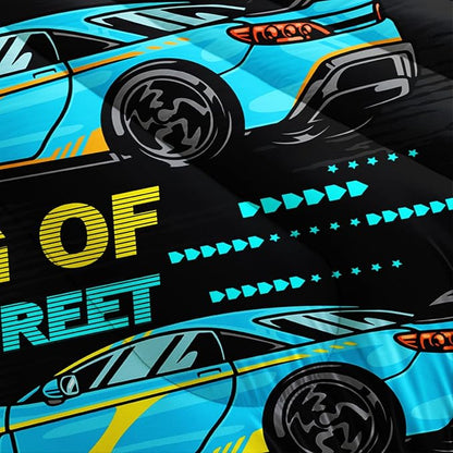 Car Bed for Boys King Comforter Set,Kids Racing Car Comforter Extreme Sports Bedding Set for Teens Boys Race Car Room Decor,Cool Blue Themed Children's Bedding with 2 Pillowcases.