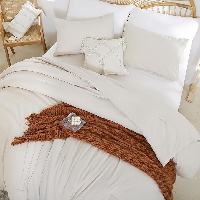 weigelia Beige Comforter Queen Size 3PCS Bed Comforter with 2 Pillowcases - Ligtweight Soft Solid All Season Queen Comforter Bed Set - Boho Aesthetic Bedding Set for Men and Women
