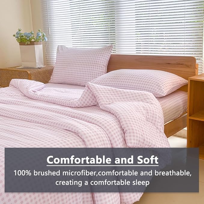 NSNLGSGC King Size Comforter Set, Pink Gingham Bedding Comforter Sets, Pink Grid Bed Comforter 3 Pieces (1 Comforter, 2 Pillowcases)