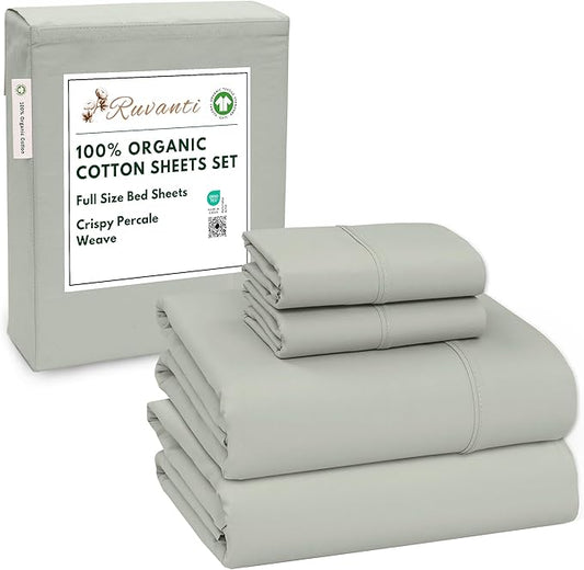 RUVANTI 100% Organic Cotton Sheets Full Size, Percale Weave, GOTS Certified, 4-Piece Set, Deep Pocket 15", Crisp & Breathable, Soft Durable Bedding, Sábanas Algodón Orgánico – Mineral Gray