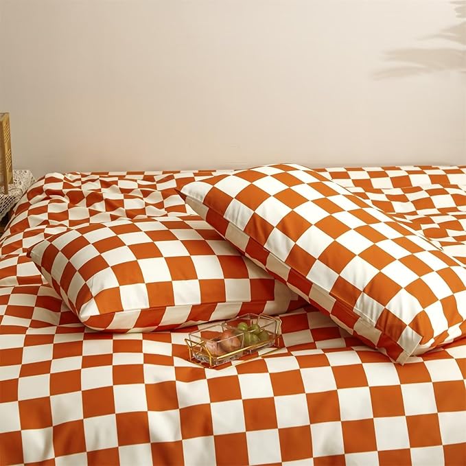 Houseri Burnt Orange Grid Comforter Set King White and Caramel Plaid Bedding Comforter Sets for Women Men Rust Orange Buffalo Checkered Bed Quilt Soft Comfy Chic Cinnamon Gingham Comforters King Size