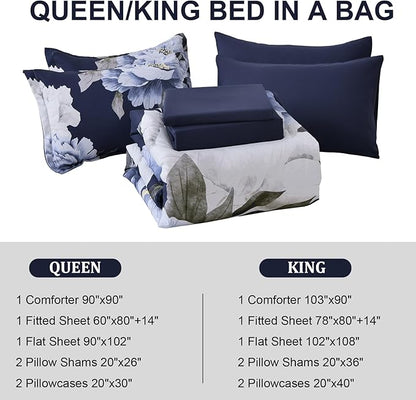 Dobuyly Navy Blue Comforter Set Queen Size 7 Piece Bed in a Bag, Floral Comforter Set with Sheets, Soft Microfiber Botanical Flowers Complete Bedding Set for All Season