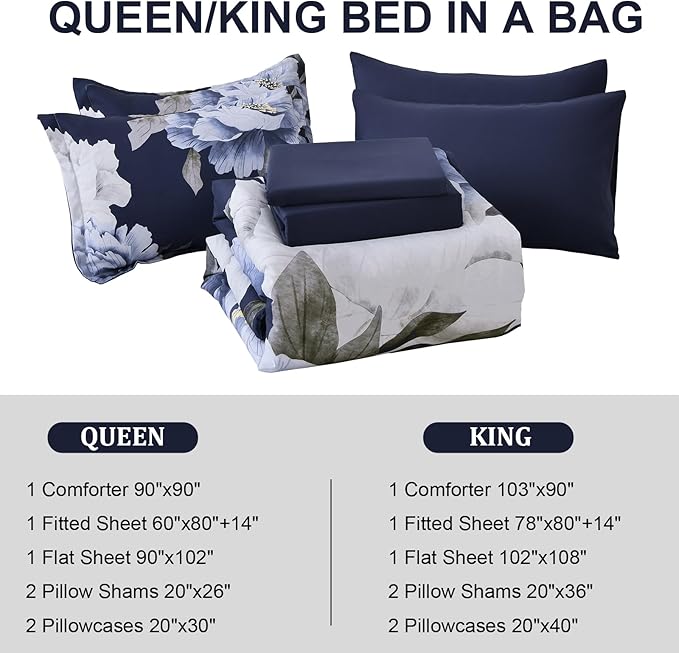 Dobuyly Navy Blue King Size Comforter Set 7 Piece Bed in a Bag, Floral Comforter Set with Sheets, Soft Microfiber Botanical Flowers Complete Bedding Set for All Season