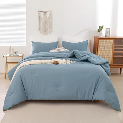 ROSGONIA King Size Comforter Set Dusty Blue, 3pcs (1 Boho Blue Comforter & 2 Pillowcases) All Season Bedding Lightweight Bedspread Blanket Quilt