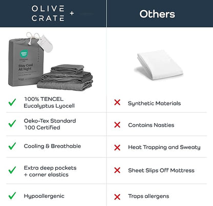 Olive + Crate Tencel Lyocell Eucalyptus Queen Size Sheet Set - Cooling Tencel Sheets for Hot Sleepers with 18 Inch Deep Pocket Fit - Stone Gray 4-Piece Set