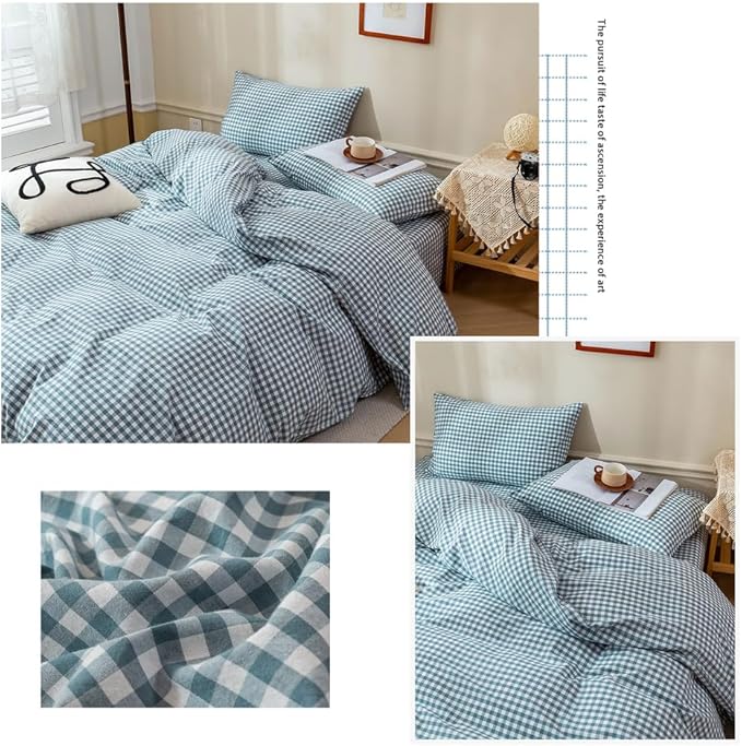 EAVD Blue Gingham Comforter Set King Soft Fluffy White and Blue Plaid Bedding Set with 2 Pillowcases Modern Grid Plaid Comforter Set Reversible Farmhouse Gingham Bedding Set for All-Season