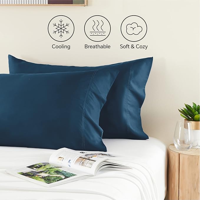 BEDELITE Pillow Cases Queen Size Set of 2, Rayon Derived from Bamboo, Cooling Pillow Cases for Hot Sleepers & Night Sweats, Breathable and Silky Soft Envelope Pillowcases(Navy Blue, 20"x30")