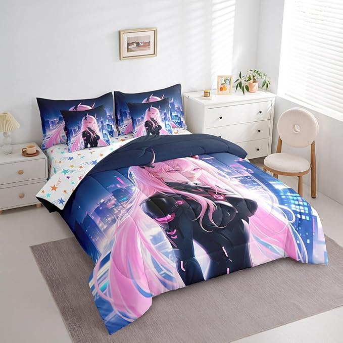 Erosebridal Japanese Anime Bed in A Bag with Sheets Twin, Anime Girl Comforter Set 7 Piece Kawaii Japanese Style Bedding Set Cartoon Japan Animation Bed Set for Boys Teens Adult Women Bedroom
