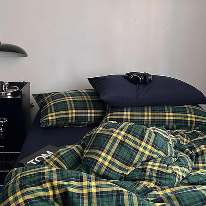 MKXI Queen Size Forest Green & Mustard Yellow Plaid Duvet Cover Set, 3 Piece All Season Washed Cotton Bedding, Vintage Preppy Style Rustic Outdoor Bed Set with Zipper Closure & Corner Ties