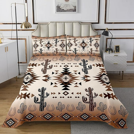 Manfei Geometric Aztec Kids Bedspread Twin Size,Horseshoe Cactus Rustic Cottage Coverlet Set,Boys Girls Room Decor,Southwest Western Cowboy Tribal Quilted Coverlet,Retro Bedding Quilt,1 Pillowcase