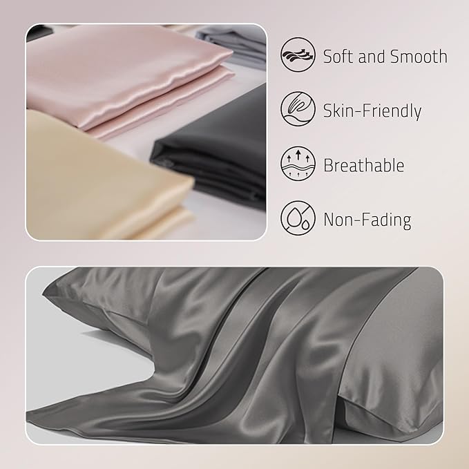 Mulberry Silk Pillowcase for Hair and Skin Prevent Acne Pillow Cases Both Sides Real Silk Pillowcases Organic Silk Pillowcase with Hidden Zipper, Grey, King (20"×36")