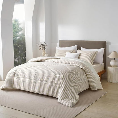mixinni Tan Striped Comforter Set King Size - Beige Stripes Pattern Bed Set for All Season, 3 Pieces Lightweight Bedding Comforter Sets for All Seasons (1 Soft Fluffy Comforter + 2 Pillowcases)