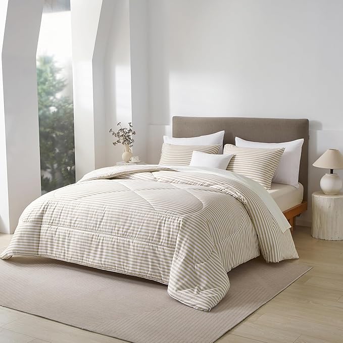 mixinni Tan Striped Comforter Set Full Size - Beige Stripes Pattern Bed Set for All Season, 3 Pieces Lightweight Bedding Comforter Sets for All Seasons (1 Soft Fluffy Comforter + 2 Pillowcases)