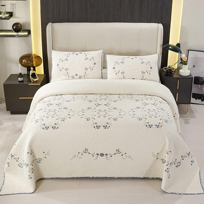 vctops 3-Piece Elegant Floral Embroidered Bedspread Coverlet Set 100% Cotton Reversible Patchwork 1 Quilt and 2 Pillow Shams Full/Queen, Flower B
