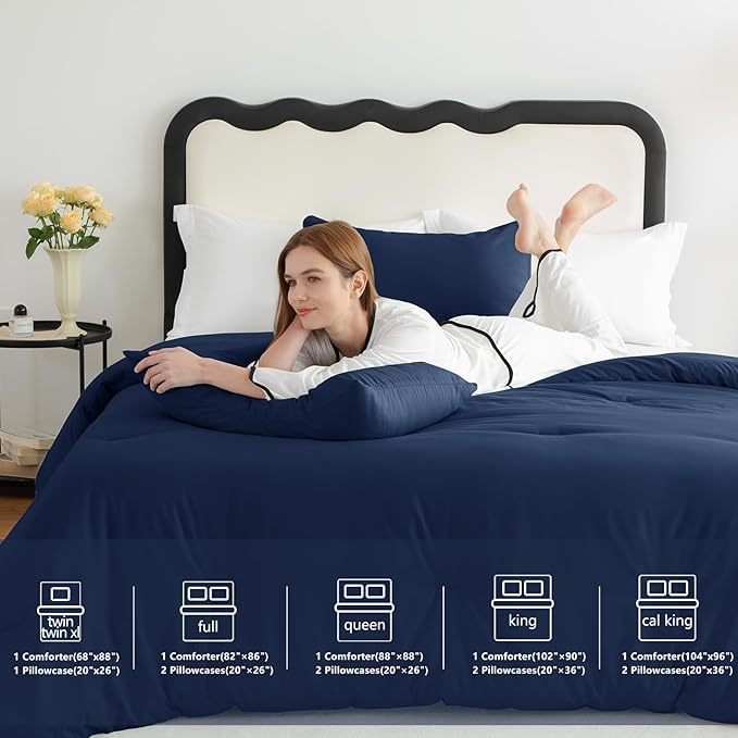 CozyLux Twin/Twin XL Comforter Set Navy Blue, 2 Pieces Twin Extra Long Solid Breathable Bedding Sets for College Dorm, Luxury Soft Bed Set with Down Alternative Comforter and 1 Pillowcase All Seasons