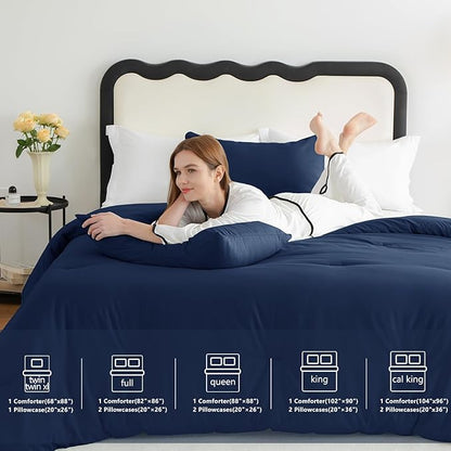 CozyLux Twin/Twin XL Comforter Set Navy Blue, 2 Pieces Twin Extra Long Solid Breathable Bedding Sets for College Dorm, Luxury Soft Bed Set with Down Alternative Comforter and 1 Pillowcase All Seasons
