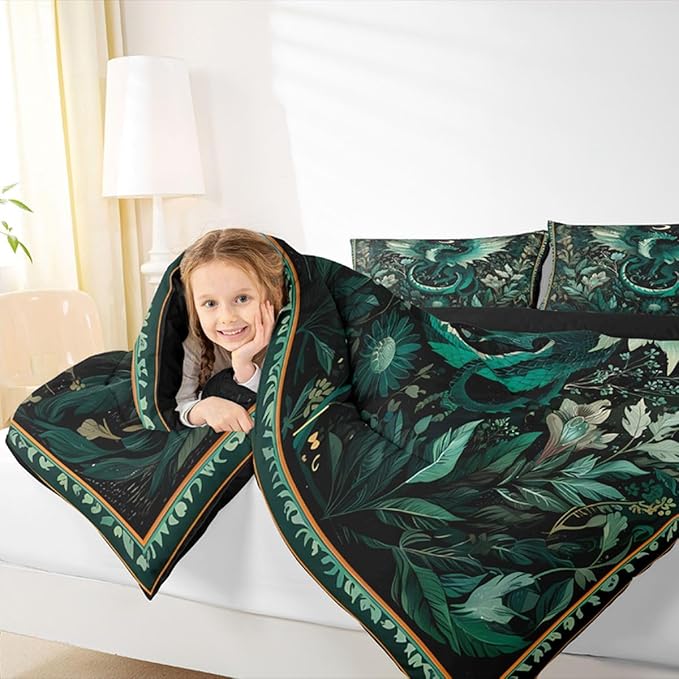 Feelyou Dragon Comforter Set All Season Dragon Stuff Bedding Set with 2 Pillow Cases Wild Life Kids King Bedclothes Magic Wildlife Bedroom Decor Greenish Duvet Quilt Breathable Soft