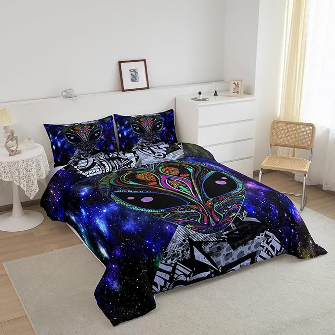 Feelyou Trippy Alien Comforter Set King Size Kids Boys Galaxy Hippie Graffiti Set Psychedelic Alien Outer Space Comforter Purple Room Decor Bohemian Alien Quilted Bed Sets Adults Men Multicolor