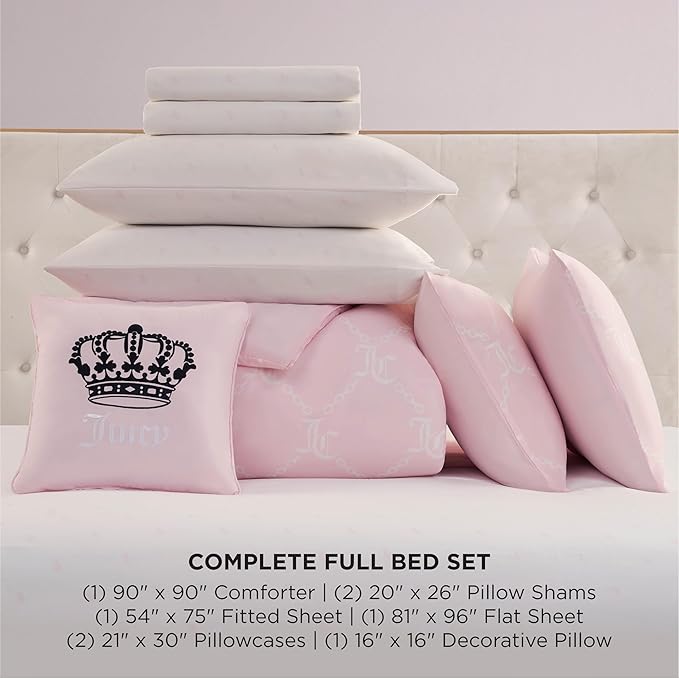Juicy Couture Light Pink/White Link Logo Printed Comforter Set, Full – Complete 8-Piece Bed in a Bag Collection