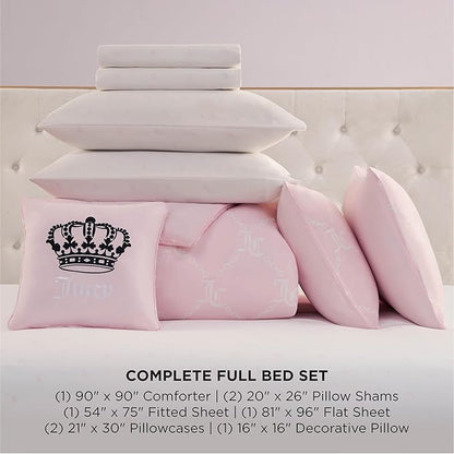 Juicy Couture Light Pink/White Link Logo Printed Comforter Set, Full – Complete 8-Piece Bed in a Bag Collection