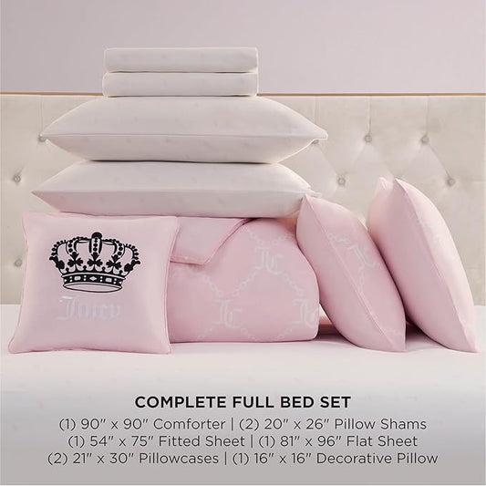 Juicy Couture Light Pink/White Link Logo Printed Comforter Set, Full – Complete 8-Piece Bed in a Bag Collection