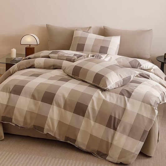 Houseri Coffee Color Plaid Comforter Set Full Vintage Grid Bedding Sets