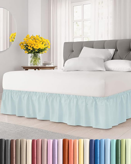 Wrap Around Dust Ruffle Bed Skirt - Ice Blue - for King Size Beds w/ 12 Inch Drop - Easy Fit Elastic Strap - Adjustable Pleated Bedskirt w/Brushed Fabric - Wrinkle Free - for Women, Men, Kids & Teens