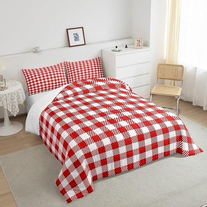Manfei Red Plaid Bedding Set King Size Buffalo Check Plaid Comforter Classic Gingham Pattern Comforter Set Red White Grid Duvet Set 3Pcs Quilt Set 1 Comforter Set with 2 Pillowcase
