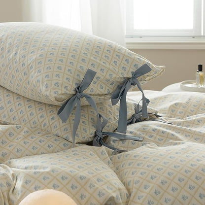 HighBuy Twin XL Comforter Set Cute Blue Flower Bedding Comforter for Kids Girls Coquette Checkered Bedding Sets 3 Piece with 2 Bowknot Bow Tie Pillowcases Botanical Quilts Garden Comforter Cottage Bed