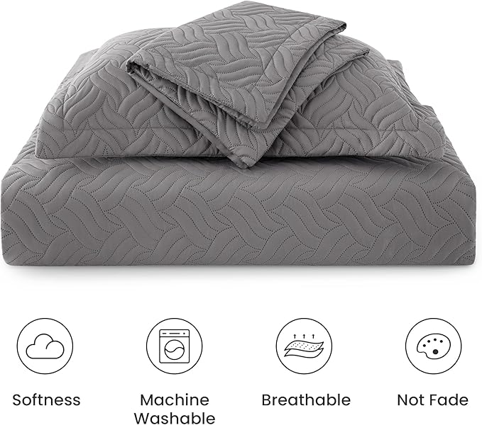 Love's cabin King Size Quilt Bedding Set Grey Bedspreads - Bed Summer Lightweight Bedspread Comforter - Wave Pattern Bedding Coverlet for All Season - 3 Pieces (1 Quilt, 2 Pillow Shams)