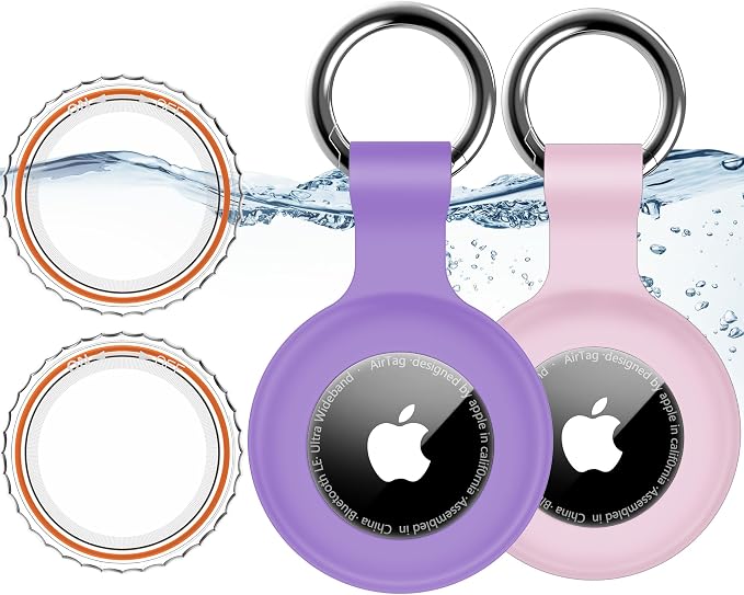 1|2|4Pack for Apple AirTag Holder with Keychain for Air Tag 2nd/1st Gen | Waterproof Air Tag Cover GPS Tracker Anti-Scratch Silicone Air-Tag Case for Pets,Kids,Bags,Luggages-Pink+Purple