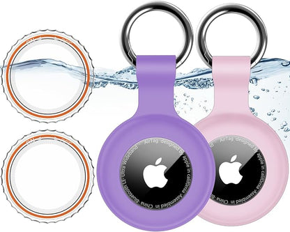1|2|4Pack for Apple AirTag Holder with Keychain for Air Tag 2nd/1st Gen | Waterproof Air Tag Cover GPS Tracker Anti-Scratch Silicone Air-Tag Case for Pets,Kids,Bags,Luggages-Pink+Purple