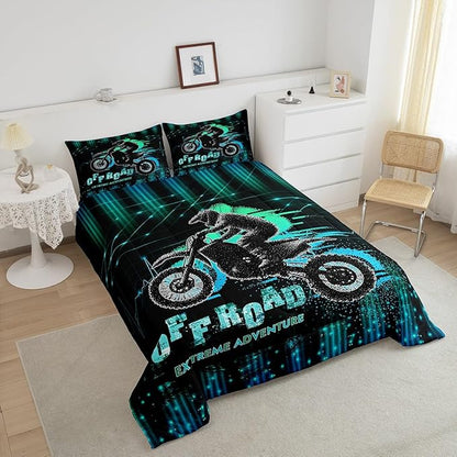 Feelyou Dirt Bike Comforter Set Twin Size Extreme Sports Comforter Racing Motocross Rider Bedding Set Motorcycle Duvet Set Room Decor Blue Green Quilt Set