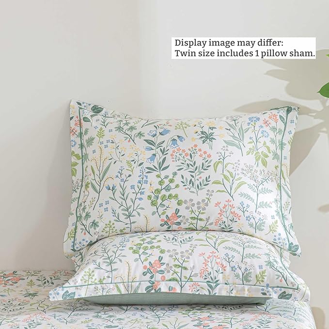 Floral Cotton Comforter Twin Size - Botanical Wildflower Pattern with Soft Pestel Accents on White, Textured Dusty Green Back, 2PC Lightweight Bedding Set with Down Alternative Fill(68"×90")