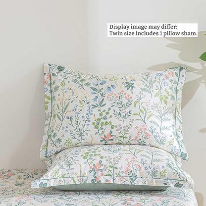 Floral Cotton Comforter Twin Size - Botanical Wildflower Pattern with Soft Pestel Accents on White, Textured Dusty Green Back, 2PC Lightweight Bedding Set with Down Alternative Fill(68"×90")