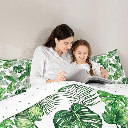 Erosebridal Palm Leaves Comforter Set Hawaiian Bedding Set Monstera Banana Leaves Down Comforter King Size Summer Tropical Leaves Quilt Set Green White Lightweight 3Pcs Bedroom Decor