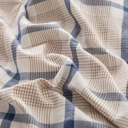 FACE TWO FACE Bedding Duvet Cover Set100% Washed Cotton Duvet Cover Linen Like Textured Breathable Durable Soft Comfy (Twin, Blue Grid)