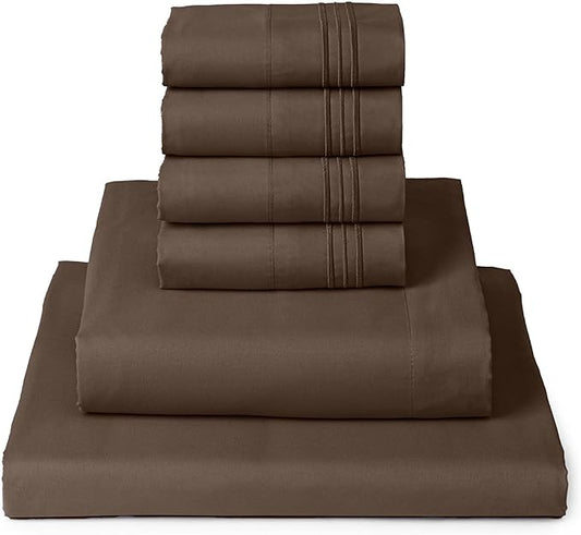 Mellanni King Sheet Set - 6-Piece Iconic Collection Bedding, (Including 4 Pillowcases), 16-Inch Deep Pocket, Easy Care, Extra Soft, Cooling Sheets, Brushed Microfiber - Brown