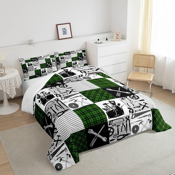 Kids Boys Car Comforter Set Farmhouse Gingham Check Bedding Set Wrench Repair Outfit Bedding Home Decor Green Black Comforter Twin Size 2 Pieces Quilted Duvet Set with 1 Pillowcase
