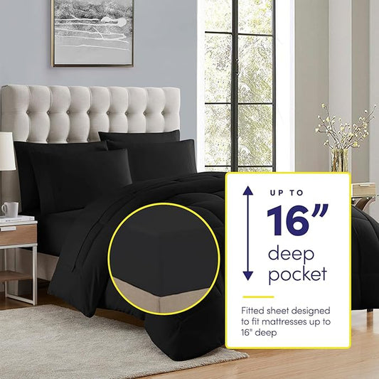 Sweet Home Collection 5 Piece Comforter Set Bag Solid Color All Season Soft Down Alternative Blanket & Luxurious Microfiber Bed Sheets, Black, Twin XL (Pack of 4)