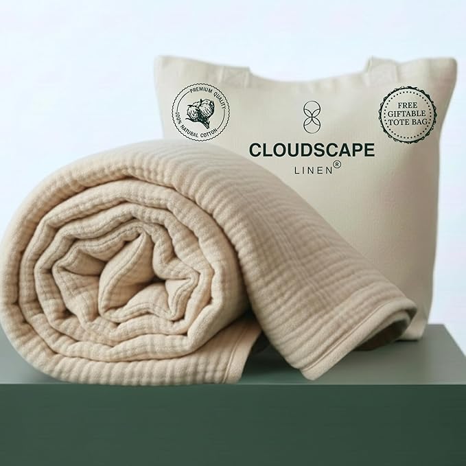 CLOUDSCAPE 100% Cotton 4 Layer Muslin Blanket Queen Size, Oversized, 92x92 Fits Full Size Bed, All Season, Soft Breathable, Lightweight Layering, Summer Blanket for Adults, Spring Gift Idea- Fog