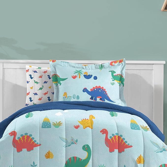 Dream Factory Kids 5-Piece Complete Bed Set Easy-Wash Super Soft Microfiber Comforter Bedding, Twin, Blue Sweet Dino